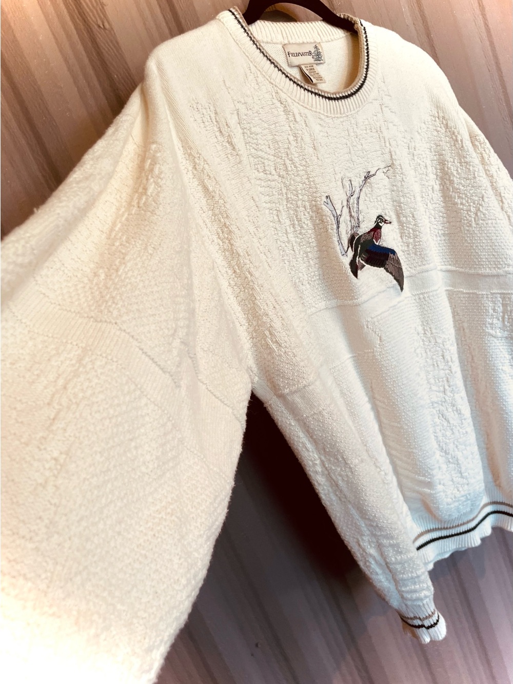 VTG 90s Fieldmaster Men’s Wood Duck Sweater Textured Cotton USA Ivory Preppy XL - Picture 6 of 10